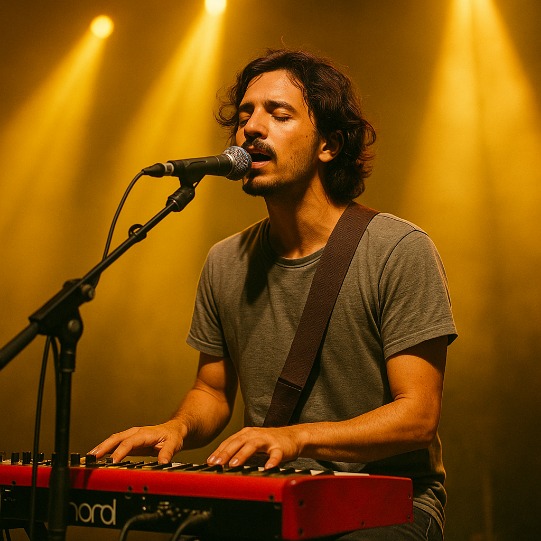 Artist performing under yellow lights